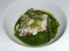 Oysters with brie on toast with pea puree
